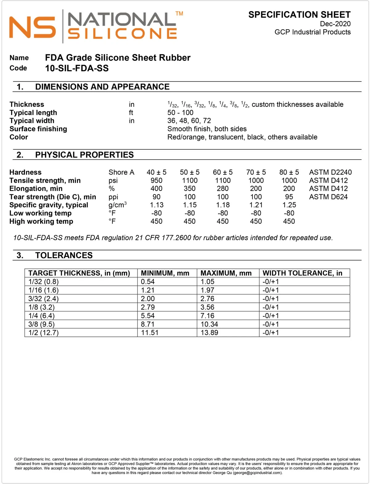 Food-Grade Silicone Sheets (where certified) Dimension Drawings