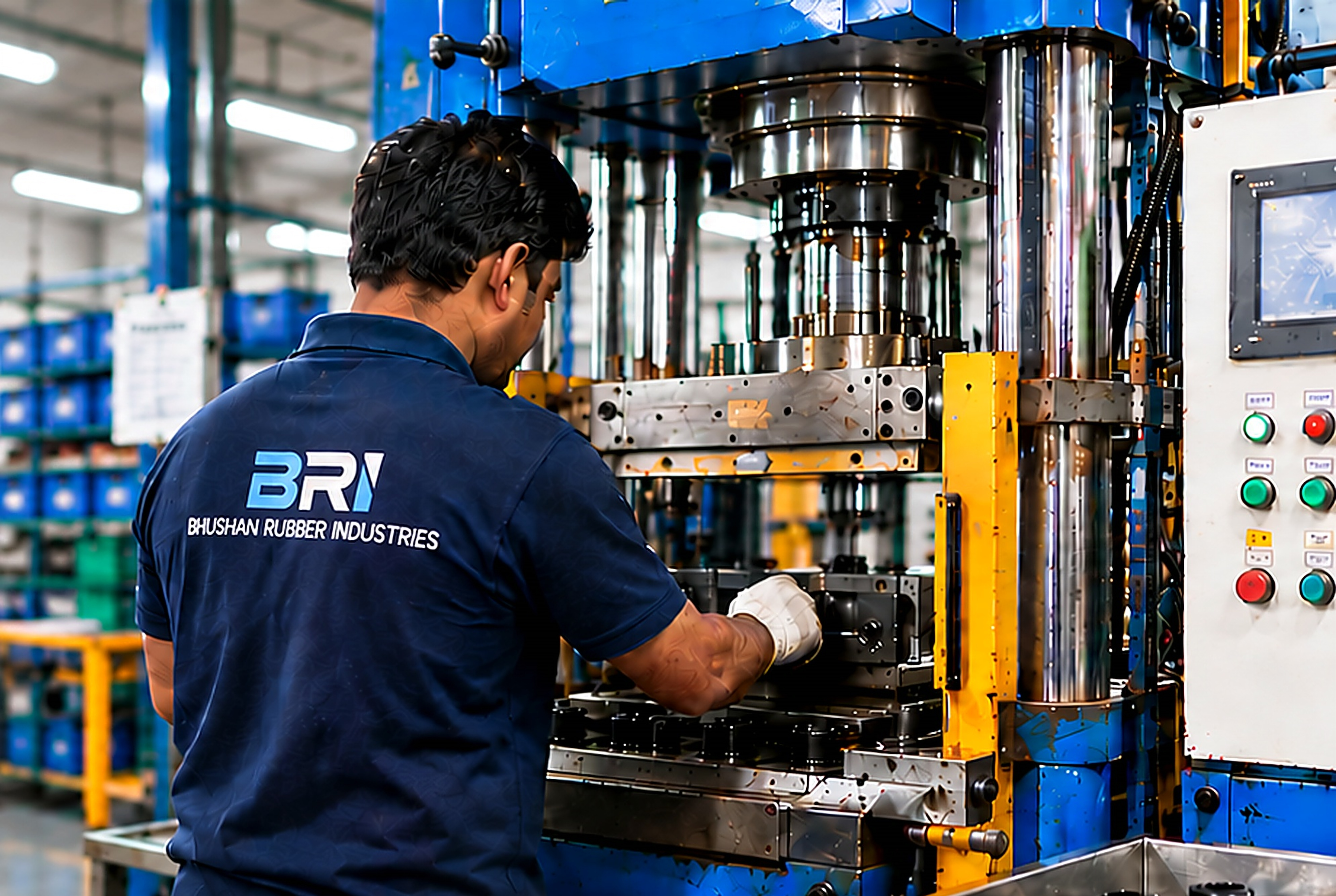 Bhushan Rubber technician operating hydraulic compression molding press at manufacturing plant