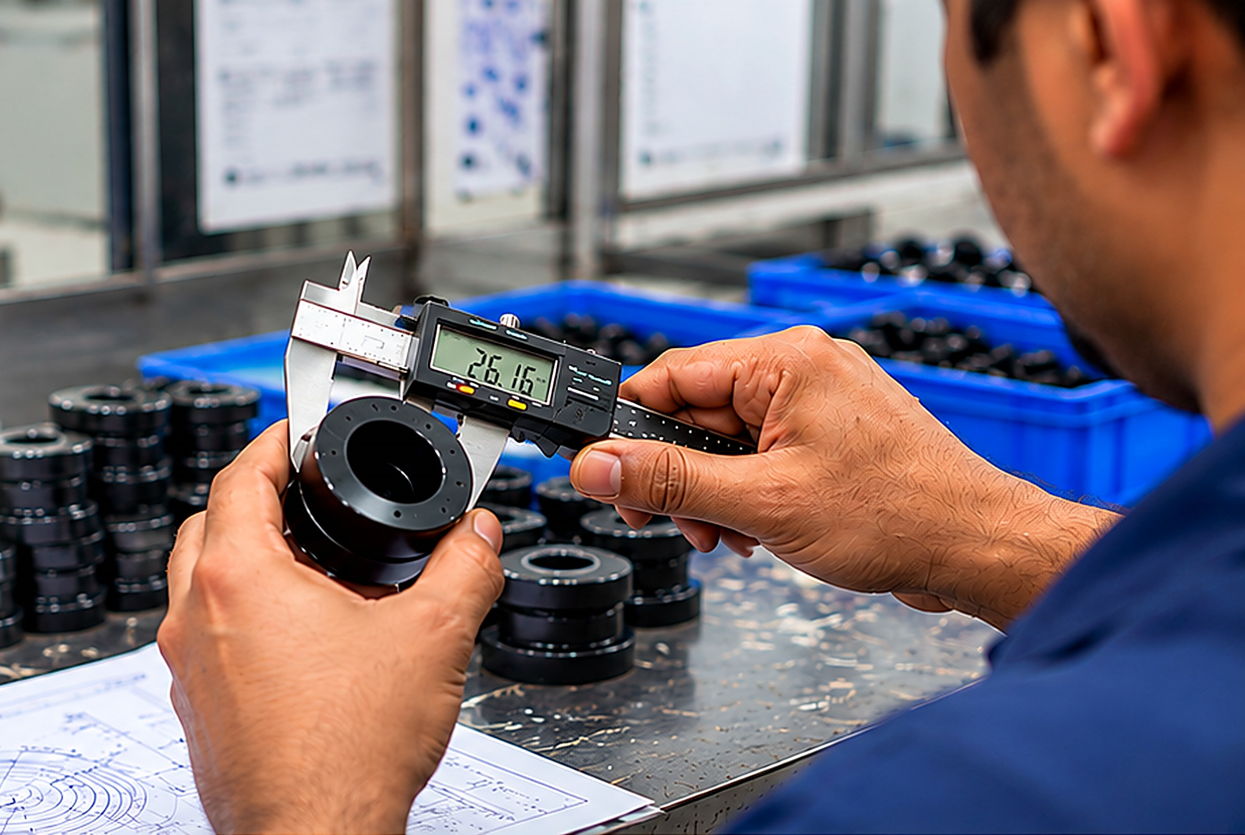 Bhushan Rubber quality control engineer using digital vernier caliper to inspect rubber components against engineering blueprint